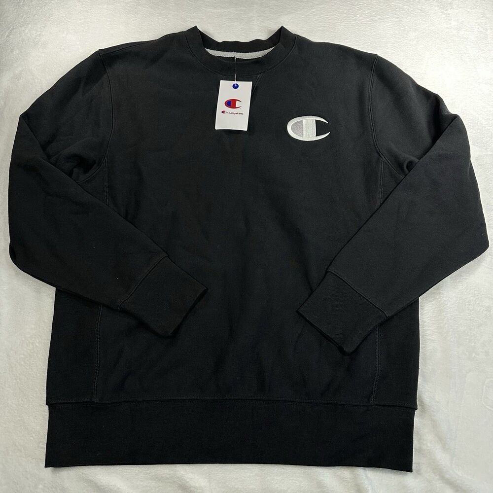 NEW Champion Iconic Crewneck Sweatshirt Black Large U.S.A Athletic Logo Pullover